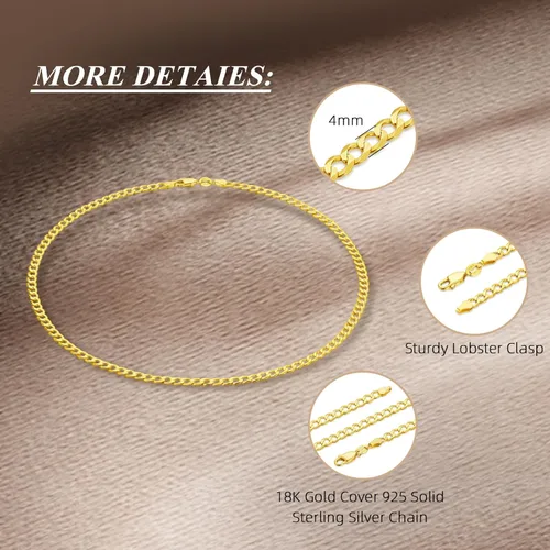 Vista 2 de GRECIA JEWELRYSTYLECLASSIC 18K Gold Plated 4mm Sterling Silver Cuban Link Chain for Men, Solid 925 Sterling Silver Chain for Men Women, Diamond-Cut