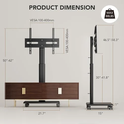 Vista 8 de AX WABER - Soporte de TV universal para piso, soporte de TV móvil con ruedas, rotación de 80 grados, altura ajustable para LCD LED OLED de 27 a 65