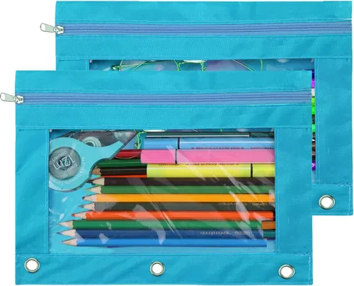 Vista 13 de Estuche para lápices con 3 anillas, con cremallera, estuche para cosméticos, color negro, paquete de 2