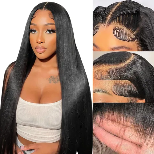 Vista 13 de Pelucas de cabello humano lacio prearrancado de 13 x 6 pulgadas, pelucas de cabello humano de densidad 200 HD transparente con encaje frontal