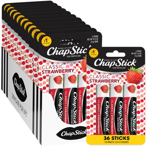 ChapStick Hidratante de labios, fresa clásica, paquetes de 3 (12 juegos/36 tubos) – Bálsamo labial a granel, afrutado y dulce, 0.15 oz Ea