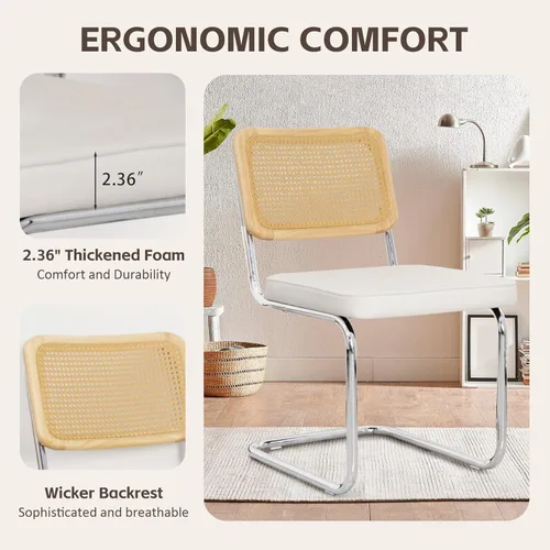 Vista 6 de Juego de 4 sillas de comedor de terciopelo blanco tapizadas sin brazos con respaldo de ratán, marco cromado inoxidable para comedor, apartamento