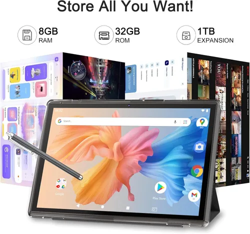 Vista 5 de Tableta de 10 pulgadas Android 15 con funda, 6GB RAM+32GB ROM+1024GB expansión, batería de 6000mah, cámara dual 2MP+8MP WiFi-6, pantalla táctil IPS