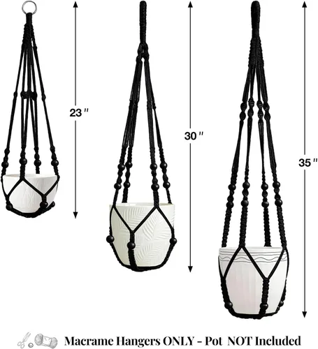 Vista 2 de Paquete de 3 colgadores de macramé para plantas de interior, 3 tamaños diferentes, cesta colgante para macetas con cuentas de madera y sin borlas
