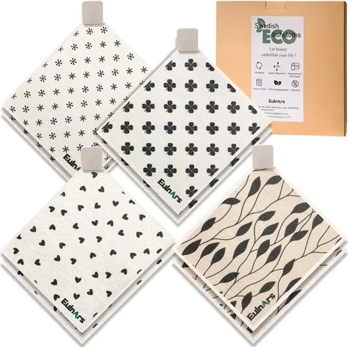Eulnars - Toallas de papel reutilizables, paquete de 8 paños de cocina suecos con 3 clips, negro y blanco, algodón, 200 lavados