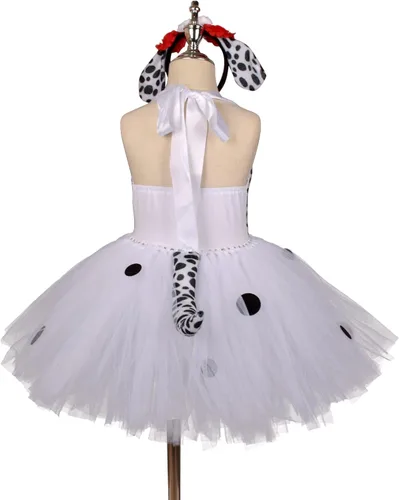 Vista 6 de Vestido de tutú esponjoso de perro dálmata para niñas, accesorios de disfraz de Halloween, fiesta de cumpleaños, diadema y cola