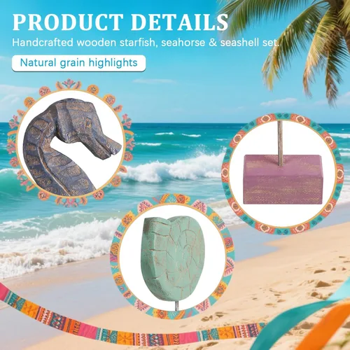 Vista 4 de 3 piezas de figuras náuticas de playa hechas a mano en madera estilo estrella de mar/concha/caballo de mar Estatua decoración del hogar (multicolor)