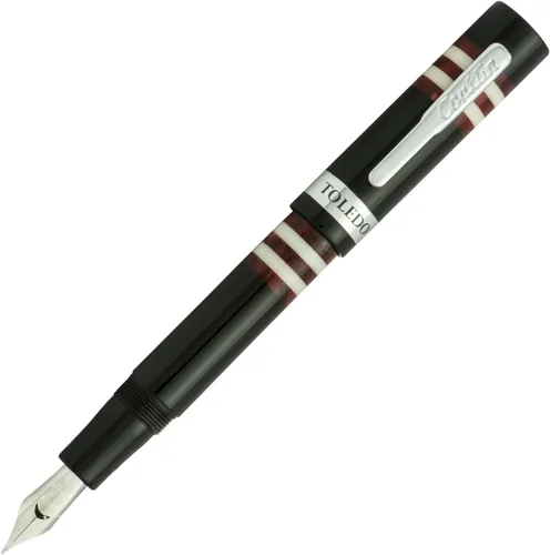 Vista 5 de Conklin Toledo - Pluma estilográfica en negro con segmentos de anillo naranja y blanco, punta ancha, pluma estilográfica de resina de lujo
