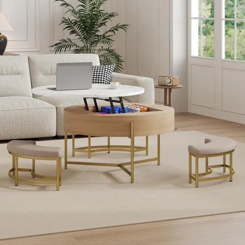 Vista 10 de Moderna mesa de centro redonda multifuncional acanalada con cajón mesa auxiliar para sala de estar, color blanco y dorado 27.5"d+23.5"d blanco y oro