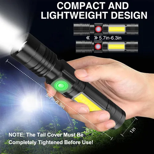 Vista 3 de Linterna recargable, 1000 lúmenes, linterna LED magnética súper brillante con luz de trabajo COB, 4 modos de luz, zoom, diseño impermeable, potente