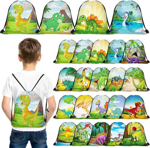 Vista 10 de Weewooday 20 bolsas de recuerdo de fiesta de dinosaurios con cordón para regalo, bolsa de golosinas de dinosaurio, caramelos, suministros