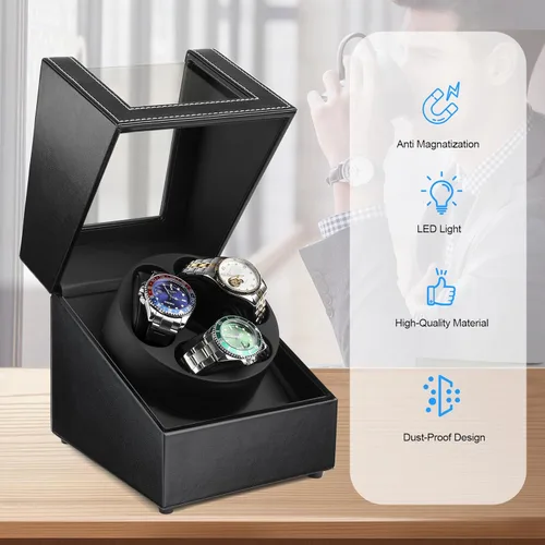 Vista 6 de J&T Technology Enrollador de reloj para relojes automáticos, enrollador automático de reloj con luz LED, caja de reloj giratoria con motor