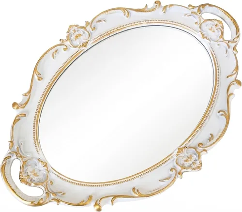 Schones Geschaft - Bandeja ovalada para espejo con borde dorado blanco de 14.6 x 9.8 pulgadas, multiusos, organizador de cosméticos, decoración de