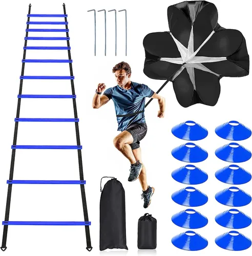 Juego de entrenamiento de velocidad profesional y agilidad: incluye escalera de agilidad ajustable de 12 peldaños de 20 pies con bolsa de