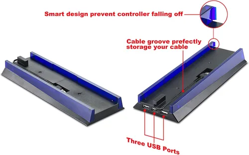 Vista 3 de Kailisen Soporte con HUB y luz azul para PS4, Base vertical de luz LED azul con 3 puertos USB HUB para Sony Playstation 4 PS4 Console (negro)