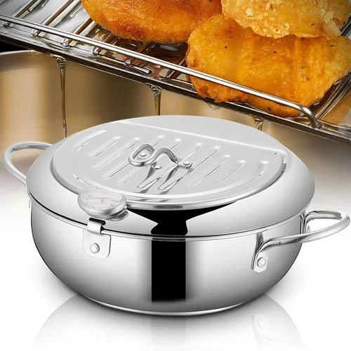 Vista 10 de Olla para freír – Tempura japonesa pequeña olla profunda de acero inoxidable con termómetro, tapa y escurridor de aceite para papas fritas, alas