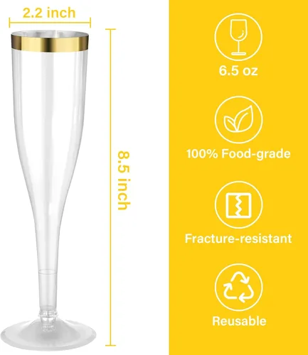 Vista 3 de Goodluck Paquete de 36 copas de champán transparentes de plástico de 6.5 onzas con borde dorado, vasos desechables de champán para brindis de boda