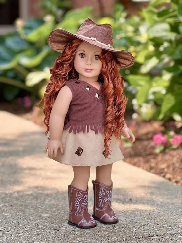 Vista 7 de Vaquera - Conjunto de muñeca de 4 piezas de 18 pulgadas - Sombrero de vaquera, falda, parte superior y botas de vaquera - (Doll no incluido)
