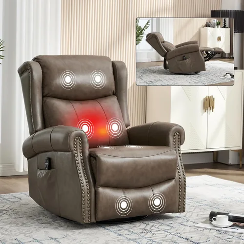 Vista 10 de Trustyue Silla reclinable de piel auténtica, reclinable manual con balancín giratorio, mecedora de masaje y calor, reclinable para guardería Azul