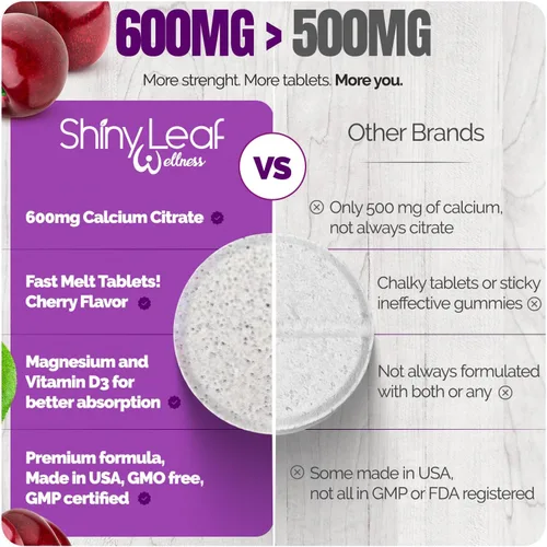 Vista 5 de Shiny Leaf Citrato de calcio bariátrico de 600 mg con magnesio y vitamina D3, tabletas de disolución rápida con sabor a cereza, suplemento de calcio