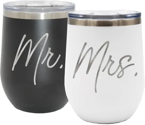 My Personal Memories Mr and Mrs - Juego de 2 vasos térmicos para vino de 12 onzas (negro, blanco)