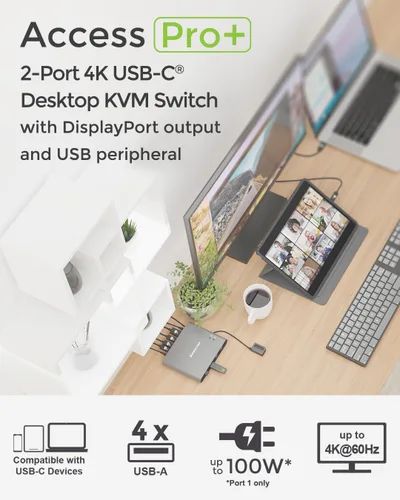 Vista 7 de IOGEAR Access Pro Plus - Conmutador KVM USB-C de 2 puertos, 1 monitor, 2 computadoras 4K 60Hz, salida DisplayPort, concentrador USB de 4 puertos