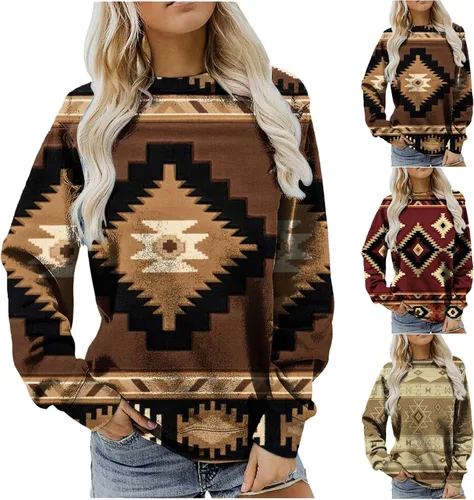 Vista 4 de Camisetas aztecas de manga larga para mujer, con estampado geométrico, lindas camisas occidentales, cuello redondo, ajuste holgado, sudaderas