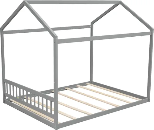 Vista 8 de Harper & Bright Designs Marco de cama de casa tamaño Queen, marco de cama Montessori de madera con cabecero, cama de piso para niños para niñas, Gris