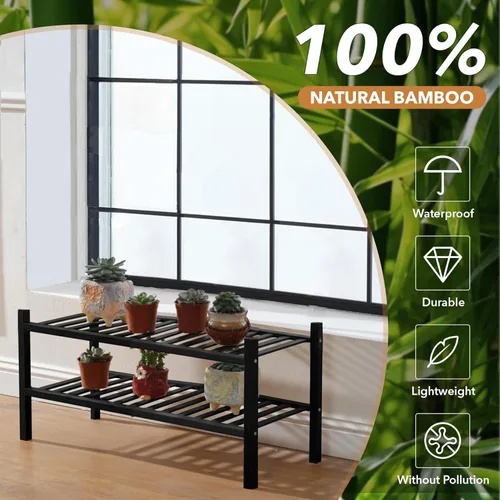 Vista 6 de Zapatero de bambú de 2 niveles para armario, organizador multifuncional apilable de pie para espacios pequeños, entrada, pasillo, baño, 27 x 11 x 13