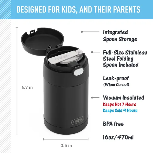 Vista 2 de THERMOS FUNTAINER Tarro de comida aislado, 16 onzas, tarro de comida apto para niños con cuchara plegable, negro mate