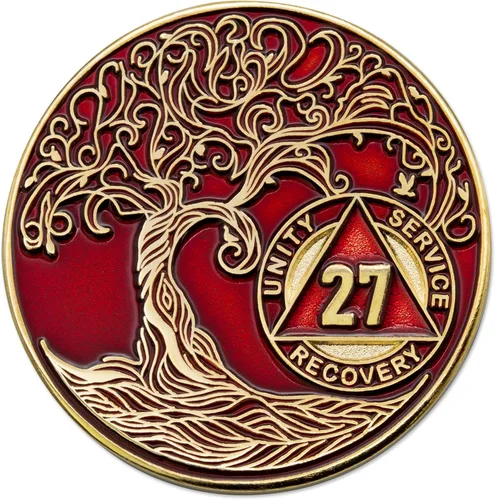 Vista 21 de 1 año Sobriety Mint Twisted Tree of Life Medallón de recuperación AA chapado en oro, chip/ficha - negro