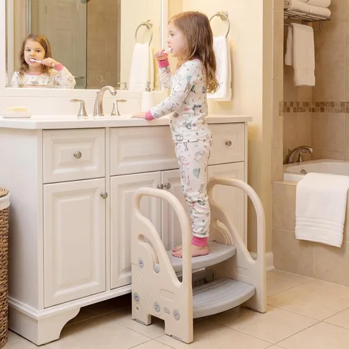 Vista 9 de Costzon Toddler Step Stool for Bathroom Sink, Adjustable 2-Step Kids Helper Stool with Safety Handles & Non-Slip Pads, Convertible Plastic Ladder