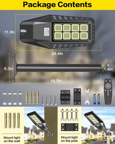 Vista 6 de 2000W llevó luces de inundación solares al aire libre, 3 modos IP66 impermeable luz de calle solar con control remoto para patio, jardín, camino