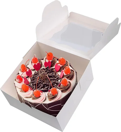 Vista 7 de Spec101 Cajas cuadradas para pasteles con ventana, paquete de 24 recipientes desechables para pasteles con calcomanías, cajas blancas para tartas