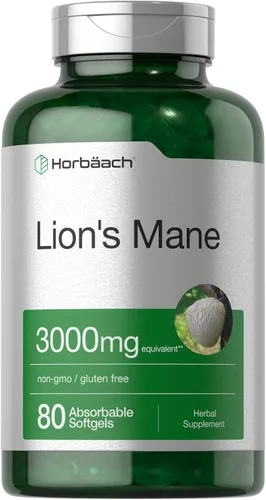 Horbäach Suplemento de melena de león | 3000 mg | 80 cápsulas blandas absorbentes | Extracto sin OMG y sin gluten