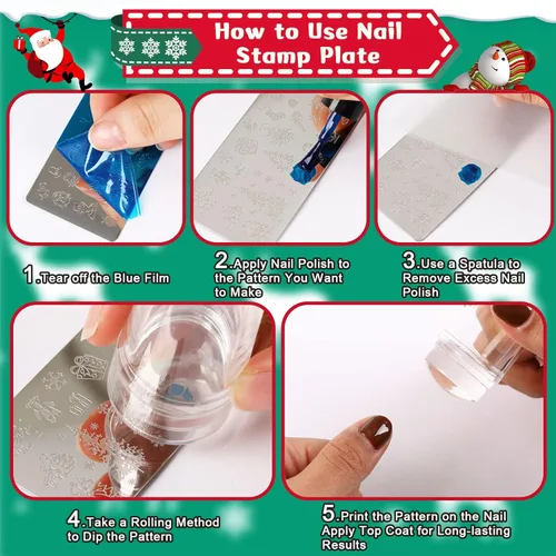 Vista 3 de JUNEBRUSHS 10 platos de estampado de uñas de Navidad, 6 plantillas de arte de uñas, 2 sellos de uñas, 2 raspadores con copos de nieve, muñeco