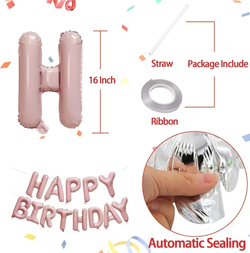 Vista 2 de KALOR Banner de Globos de Feliz Cumpleaños Rosa Bebé, Globos de Letras de Papel de Aluminio Mylar de 16 Pulgadas para Decoraciones de Fiesta