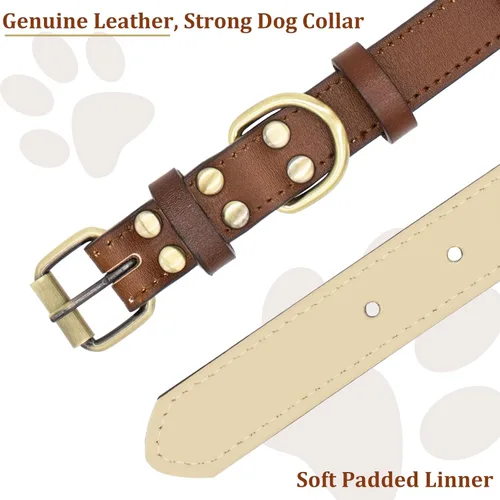 Vista 3 de Collar de perro de cuero enrollado, suave doble cuero genuino con hebilla de metal resistente, collar de perro ajustable resistente para perros