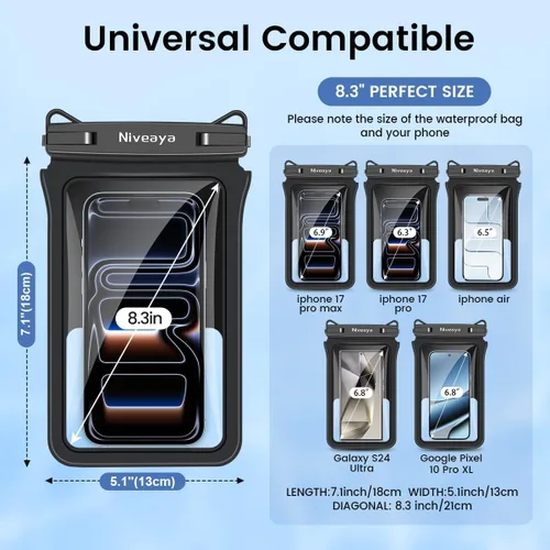 Vista 4 de Niveaya Bolsa impermeable para teléfono con doble espacio - 2 unidades, funda impermeable con cordón para iPhone 16/15/14/13/12 Pro Max hasta 8.3