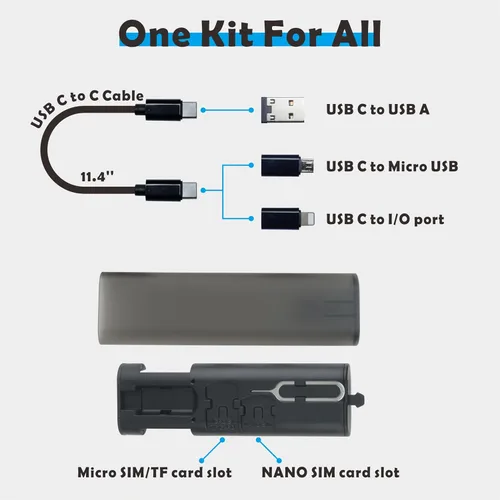 Vista 2 de Cable USB tipo C a C de carga y transferencia de datos con 3 adaptadores combinados en caja de tubo, negro translúcido