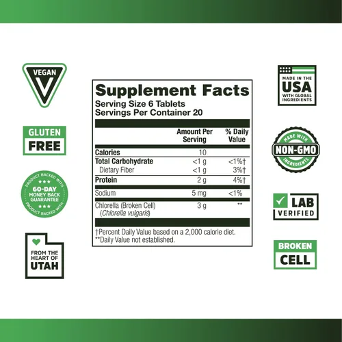 Vista 2 de Zhou Chlorella Tablets - Suplemento de clorella, vitaminas de clorofila, superalimento de algas verdes puras, píldoras súper alimentarias ricas