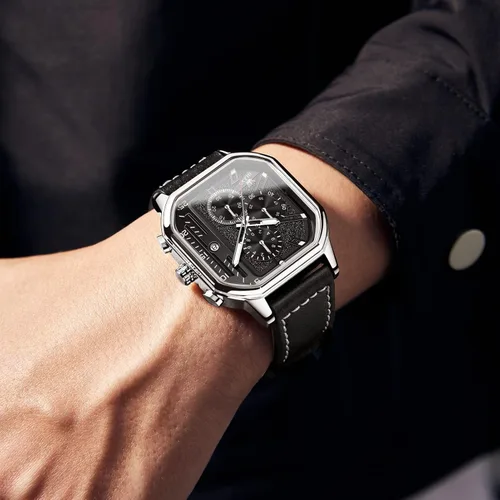 Vista 3 de OLEVS Chronograph Watch for Men, Men Leather Watch Big Face, Waterproof Men's Quartz Watch with Date, BlackWhiteGoldBlue Dial