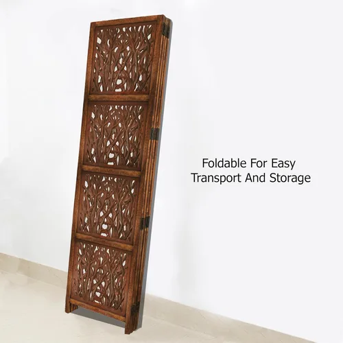 Vista 8 de Biombo Divisor de Habitación de Madera – Partición Plegable de 4 Paneles – Marco de Madera Maciza Marrón con Tallado a Mano Inspirado en Coral