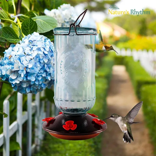 Vista 6 de Nature's Rhythm Comedero para pájaros vintage azul antiguo con botella de vidrio para colibríes, 5 puertos de alimentación y capacidad de néctar