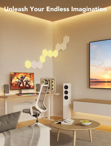 Vista 14 de Paneles de luz Govee Glide Hexa, luces de pared LED hexagonales RGBIC, luces de pared creativas Wi-Fi para el hogar inteligente con sincronización