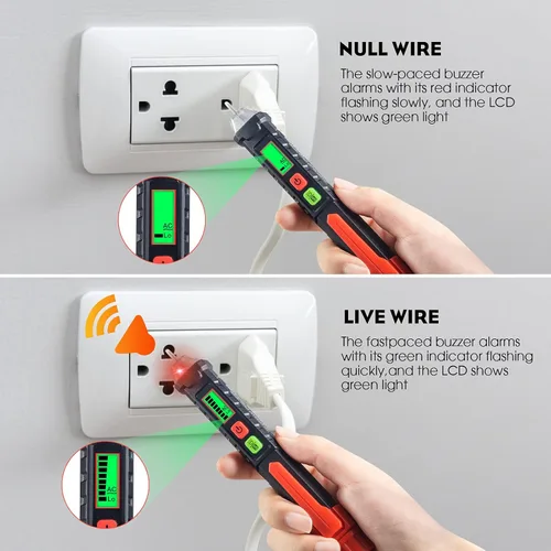 Vista 5 de WGGE - Probador de voltaje AC/Probador de voltaje sin contacto con doble rango de CA 12V-1000V/48V-1000V, Lápiz eléctrico con pantalla LCD y alarma