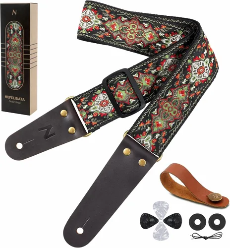 Vista 36 de Nefelibata Correa de guitarra, correas de guitarra de algodón bordadas con extremos de cuero de vaca para bajo, guitarras eléctricas y acústicas