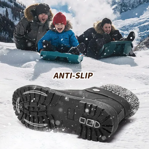 Vista 3 de Botas de combate de piel sintética para mujer, con forro de piel cálida, botines negros con cremallera lateral, botas de invierno antideslizantes