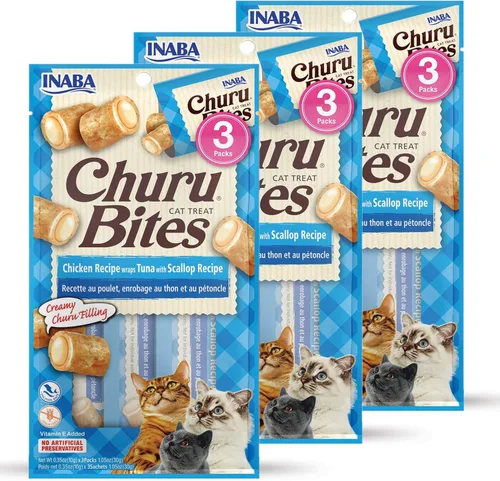 Vista 10 de INABA Churu Bites for Cats - Golosinas suaves para gatos rellenas de Churu de pollo horneado con extracto de té verde, 0.35 onzas cada tubo, 12