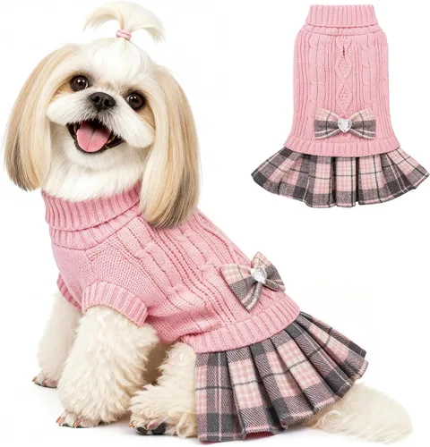 Vista 10 de YUDODO Vestido suéter para perro pequeño con corbata de cuello alto y lazo - Ropa de invierno tejida para perros hembras - Suéter cálido para Marrón